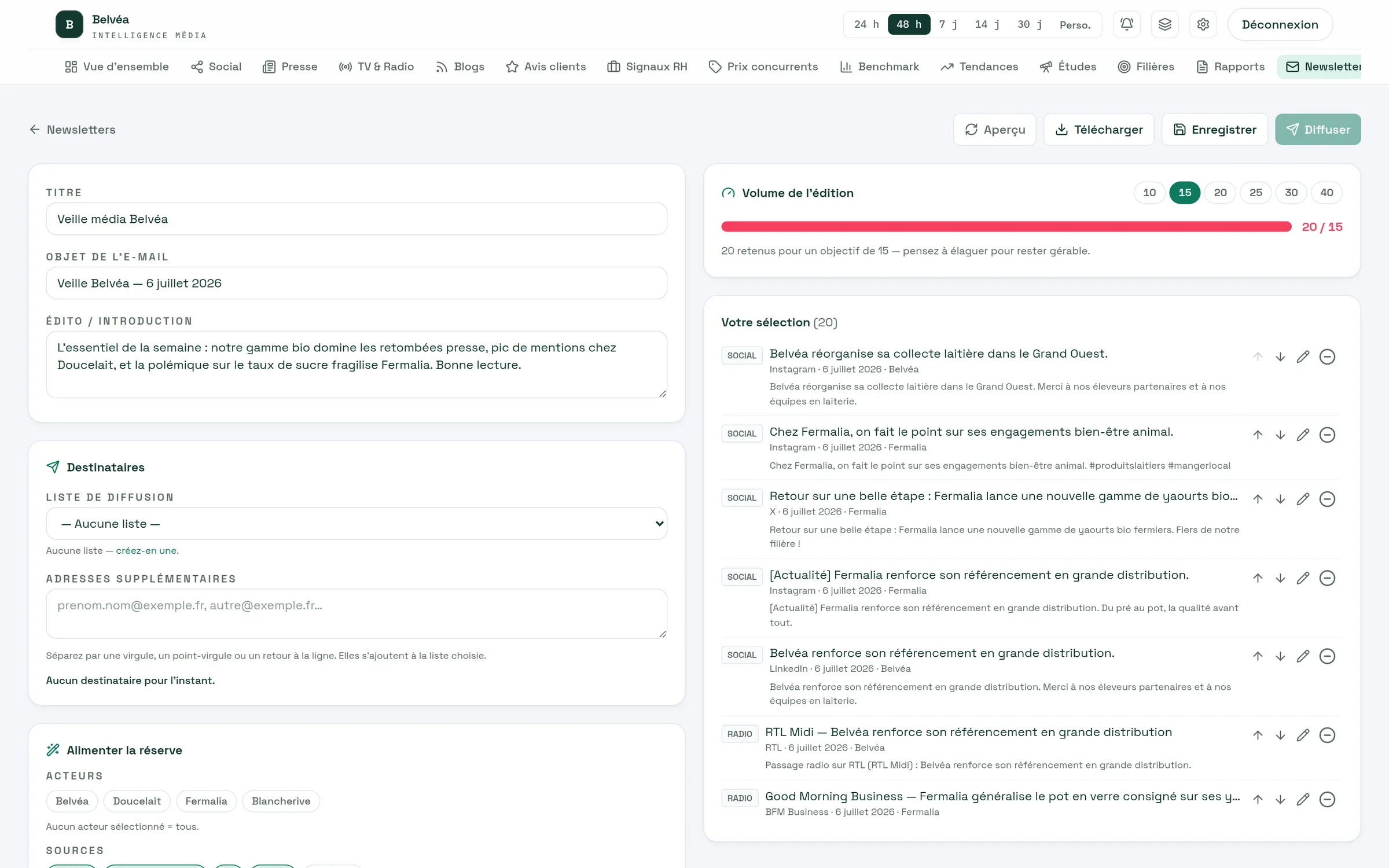Atelier de curation des newsletters : réserve d’articles proposés, sélection et note de rédaction