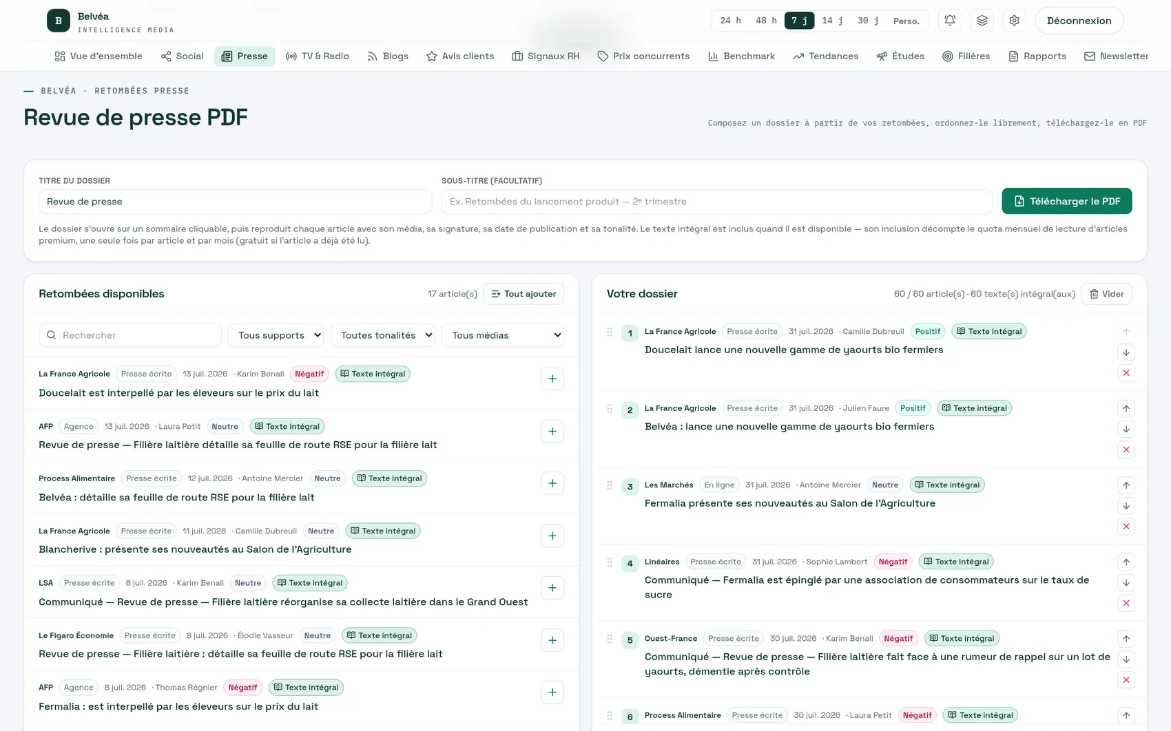 Composition d’une revue de presse PDF dans le dashboard Auvipo : retombées disponibles à gauche, dossier en construction à droite